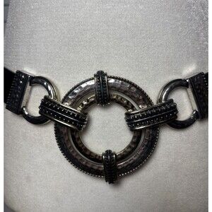 CHICO'S Black Leather Slide Belt Sz M/L Large Silver Tone Toggle Ring Buckle Y2K